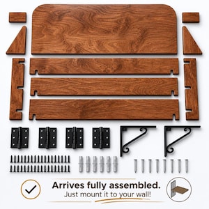 May include: A flat-pack wall shelf kit featuring brown wood-grain panels, black metal hinges, two decorative black metal brackets, and a set of mounting screws and wall anchors. Text reads: Arrives fully assembled. Just mount it to your wall!