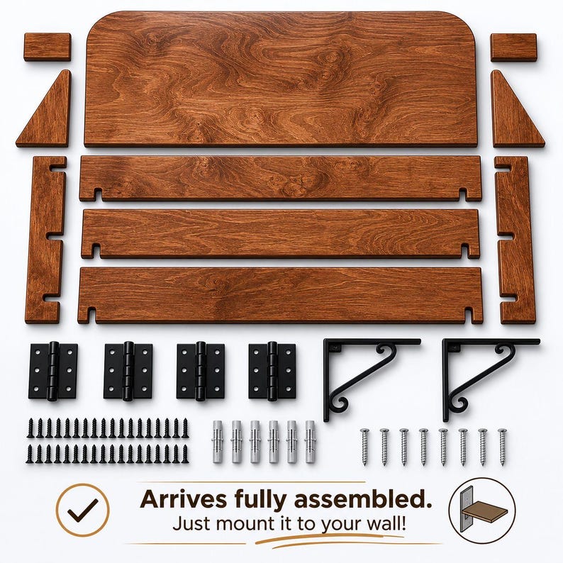 May include: A flat-pack wall shelf kit featuring brown wood-grain panels, black metal hinges, two decorative black metal brackets, and a set of mounting screws and wall anchors. Text reads: Arrives fully assembled. Just mount it to your wall!