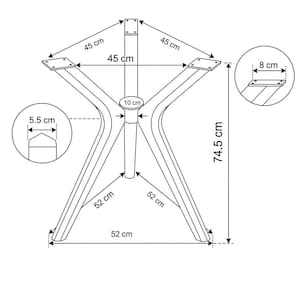 May include: A black line drawing of a table base with four legs and a central support column. The diagram includes measurements in centimeters: 45 cm, 52 cm, 74.5 cm, 10 cm, 5.5 cm, and 8 cm, indicating the dimensions of the legs and mounting plates.