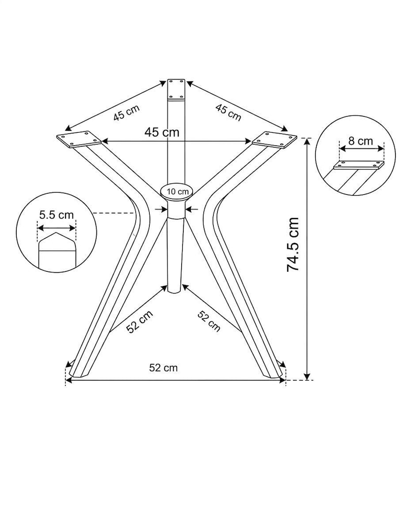 May include: A black line drawing of a table base with four legs and a central support column. The diagram includes measurements in centimeters: 45 cm, 52 cm, 74.5 cm, 10 cm, 5.5 cm, and 8 cm, indicating the dimensions of the legs and mounting plates.