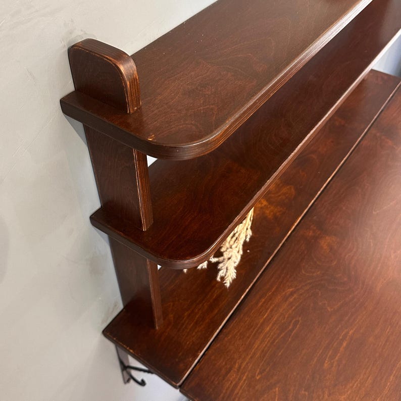 May include: A dark brown wooden wall-mounted shelf unit featuring two horizontal tiers with rounded edges. The structure is supported by vertical side panels and includes a small decorative dried floral element tucked beneath the top shelf.