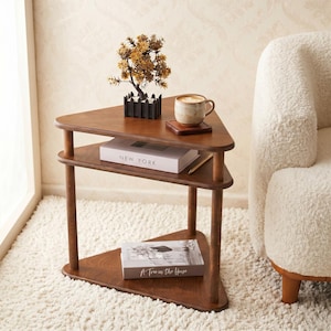 Handmade Wooden Corner Table | Two-Tier Triangle Side Shelf Furniture