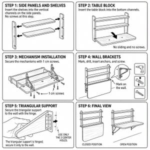 May include: A six-step black and white instructional diagram for assembling a wall-mounted folding table with shelves. The guide illustrates inserting shelves into side panels, attaching a table block, installing mechanisms with 1 cm screws, and wall mounting.
