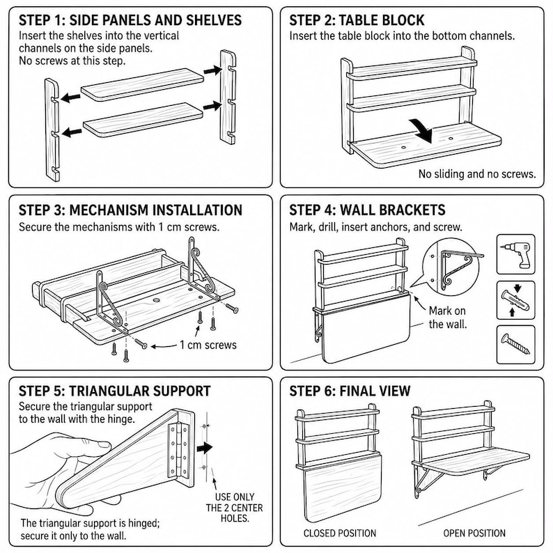 May include: A six-step black and white instructional diagram for assembling a wall-mounted folding table with shelves. The guide illustrates inserting shelves into side panels, attaching a table block, installing mechanisms with 1 cm screws, and wall mounting.