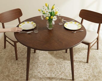 Round Wood Dining Table, Handmade Walnut Table, Modern Small Space Kitchen Furniture