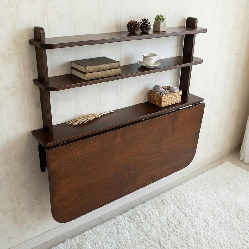 May include: A dark brown wall-mounted wooden unit featuring two upper shelves and a large, fold-down drop-leaf table. The shelves hold two books, a white teacup on a saucer, two pinecones, a small potted succulent, and a woven basket with yarn.