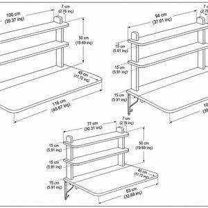 May include: Three black and white line drawings of wall-mounted desks with two upper shelves. The largest desk is 116 cm wide, the medium is 100 cm wide, and the smallest is 83 cm wide. All units are 50 cm high with 15 cm shelf spacing.