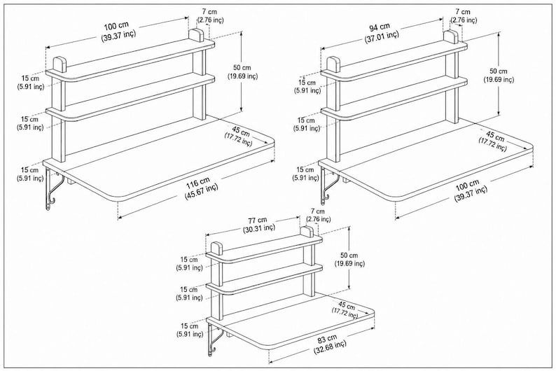 May include: Three black and white line drawings of wall-mounted desks with two upper shelves. The largest desk is 116 cm wide, the medium is 100 cm wide, and the smallest is 83 cm wide. All units are 50 cm high with 15 cm shelf spacing.