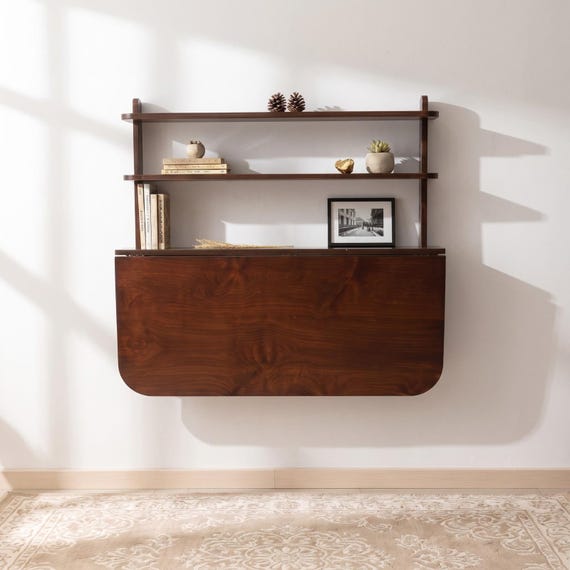 Wall Mounted Folding Desk with Shelves, Murphy Space-Saving Table