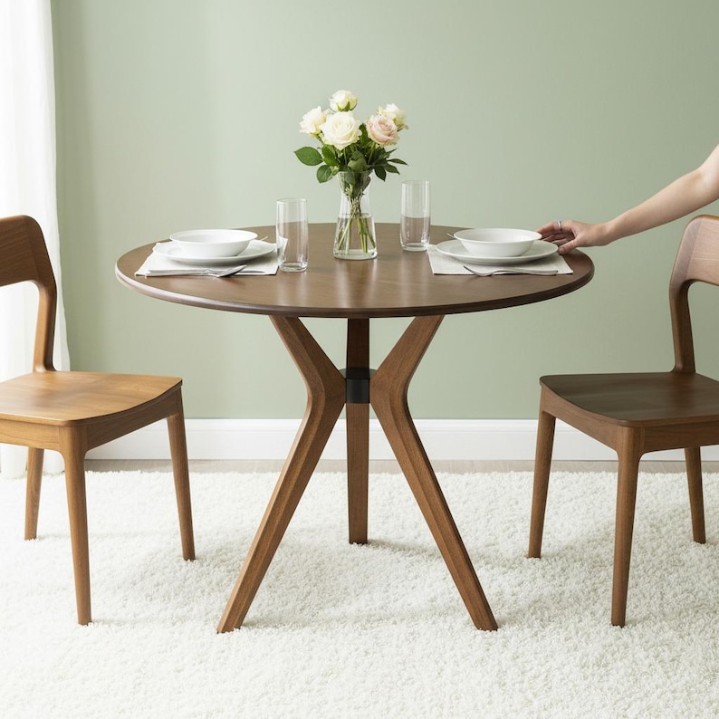 May include: A round dark wood dining table with three angled legs and a central support, accompanied by two matching wooden chairs. The table is set with two white bowls on placemats, two clear drinking glasses, and a glass vase of white roses.