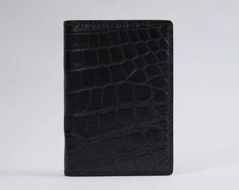 Black Crocodile Leather Folded Card Holder Handmade Custom Pocket Wallet  Personalized Luxury Gift