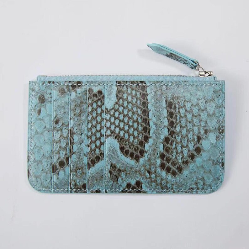 Puede incluir: Un tarjetero rectangular azul claro con un estampado de piel de serpiente en tonos azules y marrones. La cartera tiene un cierre de cremallera y una peque&ntilde;a leng&uuml;eta a juego. El tarjetero tiene m&uacute;ltiples ranuras para tarjetas.