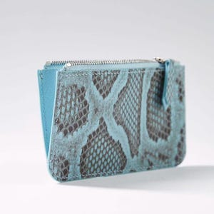 Puede incluir: Una cartera peque&ntilde;a y rectangular con cierre de cremallera. La cartera presenta un estampado de piel de serpiente en tonos azules y grises. El interior es de color azul claro liso. La cremallera es plateada.