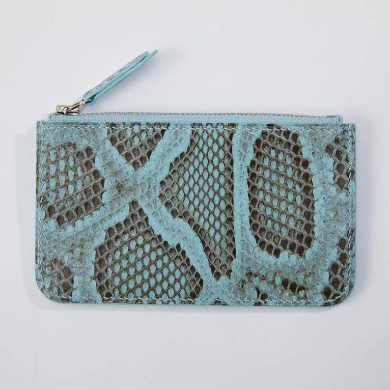 Puede incluir: Cartera rectangular con estampado de piel de serpiente en tonos azul claro y marr&oacute;n. Cuenta con una cremallera y tirador azul claro, y una cremallera plateada. La cartera tiene esquinas redondeadas.