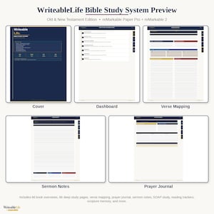 May include: A preview of the WriteableLife Bible Study System, featuring a cover, dashboard, verse mapping, sermon notes, and prayer journal. The pages have a navy blue and white color scheme. The text includes "Old & New Testament Edition" and "reMarkable Paper Pro + reMarkable 2."