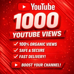 Peut inclure: Graphique rouge pour promouvoir les vues YouTube. L'image présente le logo YouTube, le nombre "1000" et le texte "YouTube Views". Le texte supplémentaire comprend "100% Organic Views", "Safe & Secure" et "Fast Delivery!". L'appel à l'action est "Boost Your Channel!"