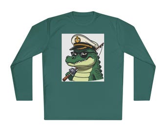 Captain Crocodile Crooner Long Sleeve Tee | Performance Fishing Shirt, Nautical Alligator Graphic