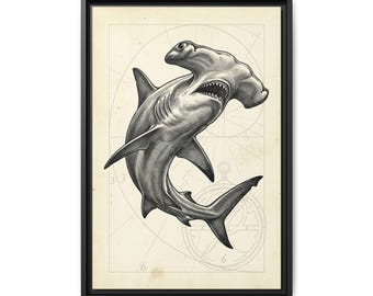 Hammerhead Illustration Matte Canvas Framed | Nautical Fish Wall Art