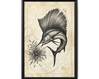 Sailfish Illustration Matte Canvas Framed | Nautical Fish Wall Art