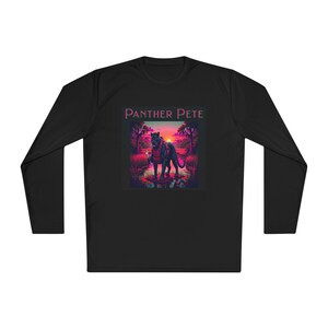 May include: Black long-sleeved shirt with a graphic of a black panther in a red scarf, set against a sunset swamp scene. The text "PANTHER PETE" is above the image. The shirt is made of a soft, comfortable material.