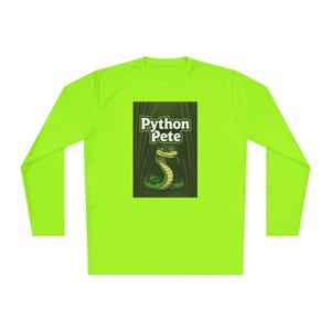 May include: A bright green long-sleeved shirt with a graphic of a green snake and the text "Python Pete". The snake has a red tongue and is set against a dark green background.