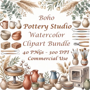 Akvarell Clipart för keramikstudio, PNG-paket för keramikverkstad, bohemisk lerkonst, 40 PNG-bilder