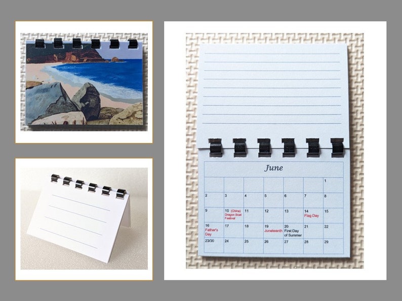 May include: A small, white desk calendar with a black spiral binding. The calendar shows the month of June, with dates and holidays marked. The top of the calendar has lined paper, and the top left corner shows a beach scene.