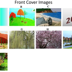 May include: A collection of front cover images, each depicting a different scene. The images include a gradient background, a landscape with trees and deer, a beach scene, the text "202Y", a desert landscape, a weeping willow, cherry blossoms, a building by a lake, and a butterfly on a flower.