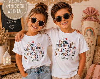 Tschüss Kindergarten Hallo Schule 2026 Bio Baumwolle T-Shirt – Personalisiert mit Name – Einschulung Geschenk – Kinder Schulanfang Shirt