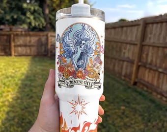 Vintage Retro Floral Crescent City 40oz Tumbler, Lehbah Tumbler With Handle, Fantasy Coffee Mug, Magic Travel Cup, Multicolor Tumbler