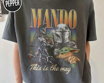 StarWars The Mandalorian Mando and Baby Yoda 90s Bootleg Shirt, StarWars Villain Homage Shirt, Vintage Galaxy’s Edge, Father Day Tee