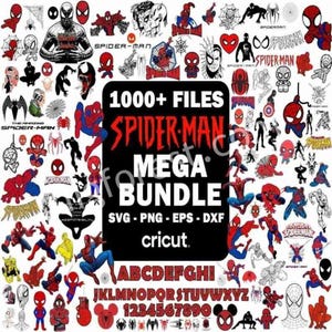 May include: A collection of Spider-Man themed digital files, including various illustrations and logos. The image features the text "1000+ FILES SPIDER-MAN MEGA BUNDLE" with file formats listed below. Also included is an alphabet and numbers.