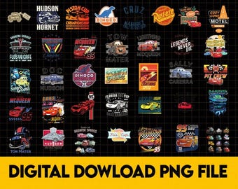 ヴィンテージカーバンドルPNG | カーズランドPNG | ライトニング・マックィーン、ドック・ハドソン、サリー・カレラ、牽引メーターPNG | ラジエーター・スプリングスPNGデジタルダウンロード