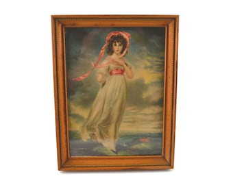 Vintage Framed Print Beautiful Woman Long White Gown Pink Bonnet and Sash Wood Frame Pinkie by Thomas Lawrence