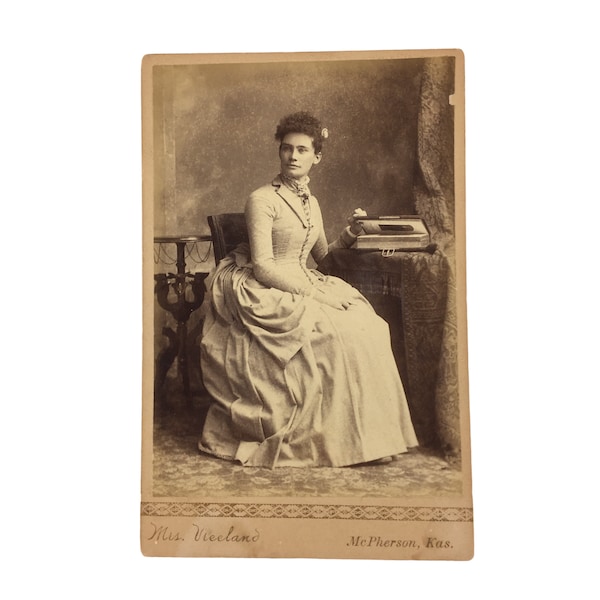 Antique Cabinet Photo McPherson Kansas Woman with Photo Album Female Photographer Mrs Vreeland