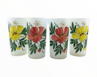 Vintage Federal Frosted Glass Tumblers Set of 4 Yellow and Red Flowers Drinking Glasses Floral