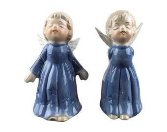 Vintage Christmas Kissing Angel Figurines Ceramic Blue Dress Set of 2