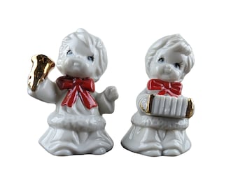 Vintage 1979 Enesco Choir Boy Christmas figurines Set of 2 Accordion Gold Bell Red Bows