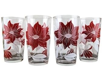 Vintage Red Poinsettia Tumblers Mid Century Glassware Set of 4 Christmas Drinking Glasses 10 oz