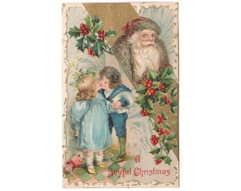 Vintage Christmas Postcard, Santa Claus, Boy and Girl Kissing, Doll