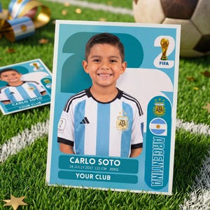 May include: A rectangular trading card featuring a smiling child wearing a light blue and white striped Argentina soccer jersey. The card displays the text CARLO SOTO, 14 JULY 2017, 131 CM, 35KG, YOUR CLUB, ARGENTINA, and a FIFA World Cup trophy icon.