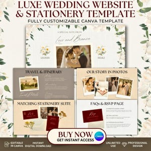 Könnte beinhalten: Ein digitales Hochzeits-Website- und Schreibwaren-Vorlagenset mit floralen Akzenten, Fotoplatzhaltern und Textabschnitten mit der Beschriftung Luxe Wedding Website & Stationery Template, Travel & Itinerary, Our Story In Photos, Matching Stationery Suite und FAQs & RSVP Page.