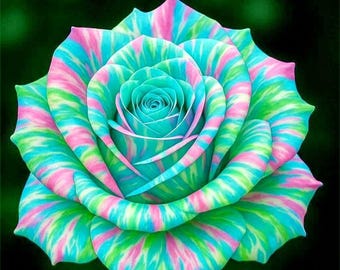 May include: A close-up of a vibrant rose with petals in a striped pattern of turquoise, pink, and green. The center of the rose is a solid turquoise color. The background is a dark green, with green leaves at the bottom.