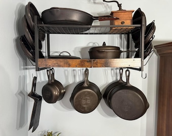 2-Tier Wall Mounted Pot Rack with 12 Hooks, Kitchen Pot and Lid Organizer