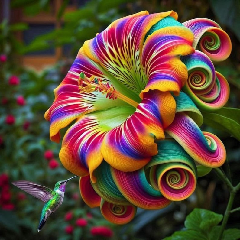 May include: A vibrant, multi-colored flower with swirling petals in shades of red, yellow, green, and blue. A hummingbird with iridescent green and purple feathers hovers near the flower, its beak extended. The flower's center is a bright yellow with a green base.