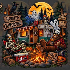 May include: A graphic illustration titled Haunted Campground featuring a vintage camper, a skeleton in a camping chair, a Bigfoot character in a red plaid shirt, ghosts, a campfire, and jack-o'-lanterns under a large yellow moon.