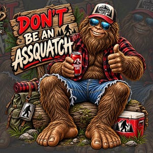 May include: A graphic illustration of a brown, furry Bigfoot character wearing a red and black plaid shirt, blue denim shorts, sunglasses, and a cap with the text SQUATCH LIFE. The character holds a red soda can and sits on a log near a cooler.