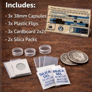 May include: An assortment of coin collecting supplies, including 38mm capsules, plastic flips, cardboard 2x2s, and silica packs. The image also shows two silver Morgan dollar coins and a chart titled "Morgan Silver Dollar Survivor".