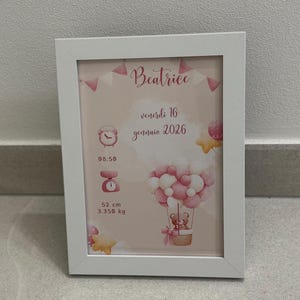 Può includere: Una stampa con cornice bianca con il nome "Beatrice" in corsivo. La stampa include una mongolfiera con un orsacchiotto, palloncini rosa e bianchi e la data e l'ora di nascita: venerdì 16 gennaio 2026 alle 08:50. Le misure del bambino sono 52 cm e 3.350 kg.