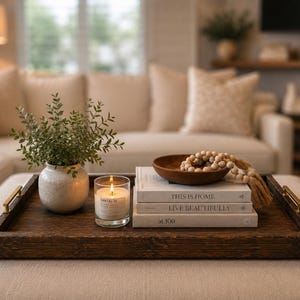 May include: A dark brown wooden rectangular tray with gold handles holding a white ceramic vase with green foliage, a lit glass candle labeled Santal 26, a small wooden bowl with wooden beads, and three stacked books titled This is Home, Live Beautifully, and at 100.